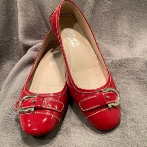 Ferragamo Driver Flats - Red Patent Leather, Silver Buckle, Size 9.5 B